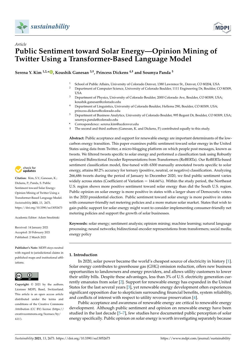 Public Sentiment Toward Solar Energy—Opinion Mining of Twitter Using a Transformer-Based Language Model