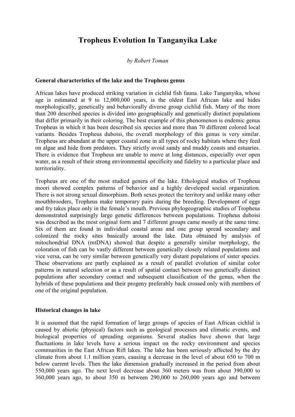 Tropheus Evolution in Tanganyika Lake