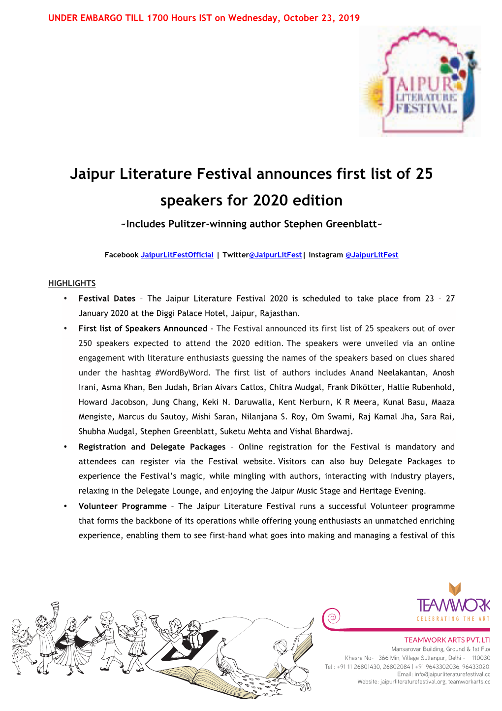 Jaipur Literature Festival Announces First List of 25 Speakers for 2020 Edition
