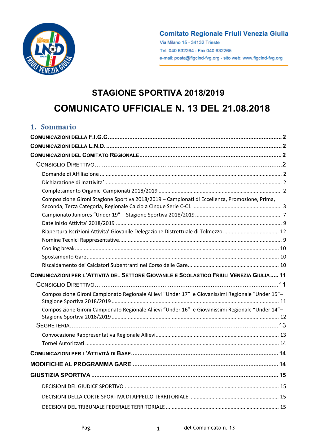 Comunicato Ufficiale N. 13 Del 21.08.2018