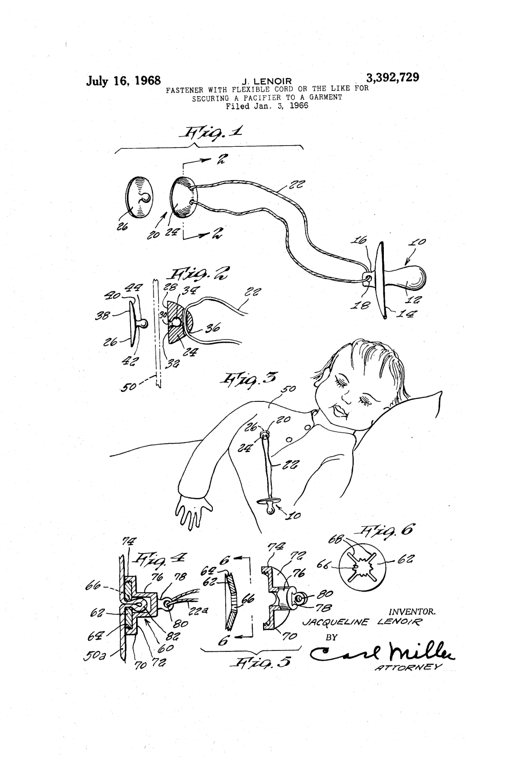 July 16, 1968 FAST ENER with FLEXIBLE CORD OR the LIKE for SECURING a PACIFIER to a GARMENT Filed Jan