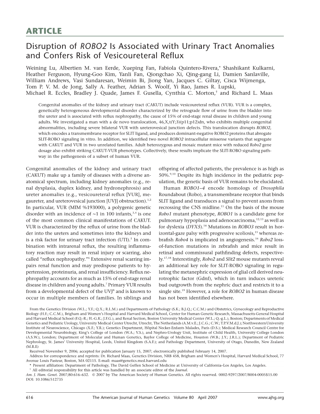 Disruption of ROBO2 Is Associated with Urinary Tract Anomalies and Confers Risk of Vesicoureteral Reflux