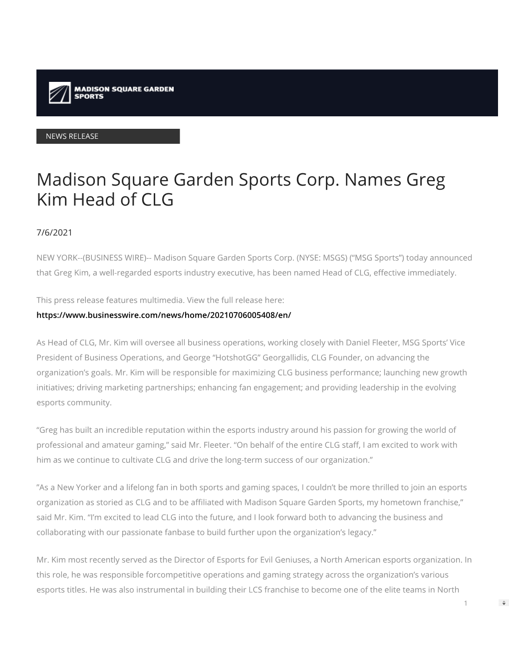 Madison Square Garden Sports Corp. Names Greg Kim Head of CLG