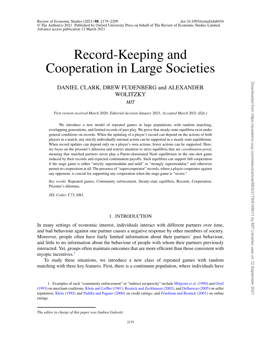 Record-Keeping and Cooperation in Large Societies