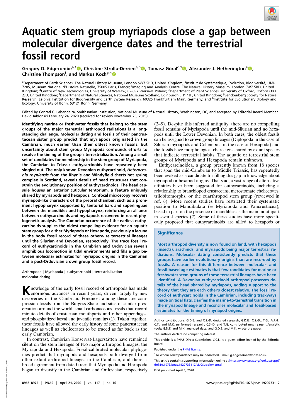 Aquatic Stem Group Myriapods Close a Gap Between Molecular Divergence Dates and the Terrestrial Fossil Record