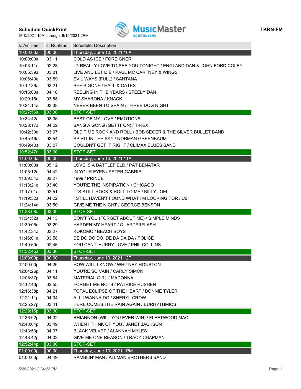 Schedule Quickprint TKRN-FM