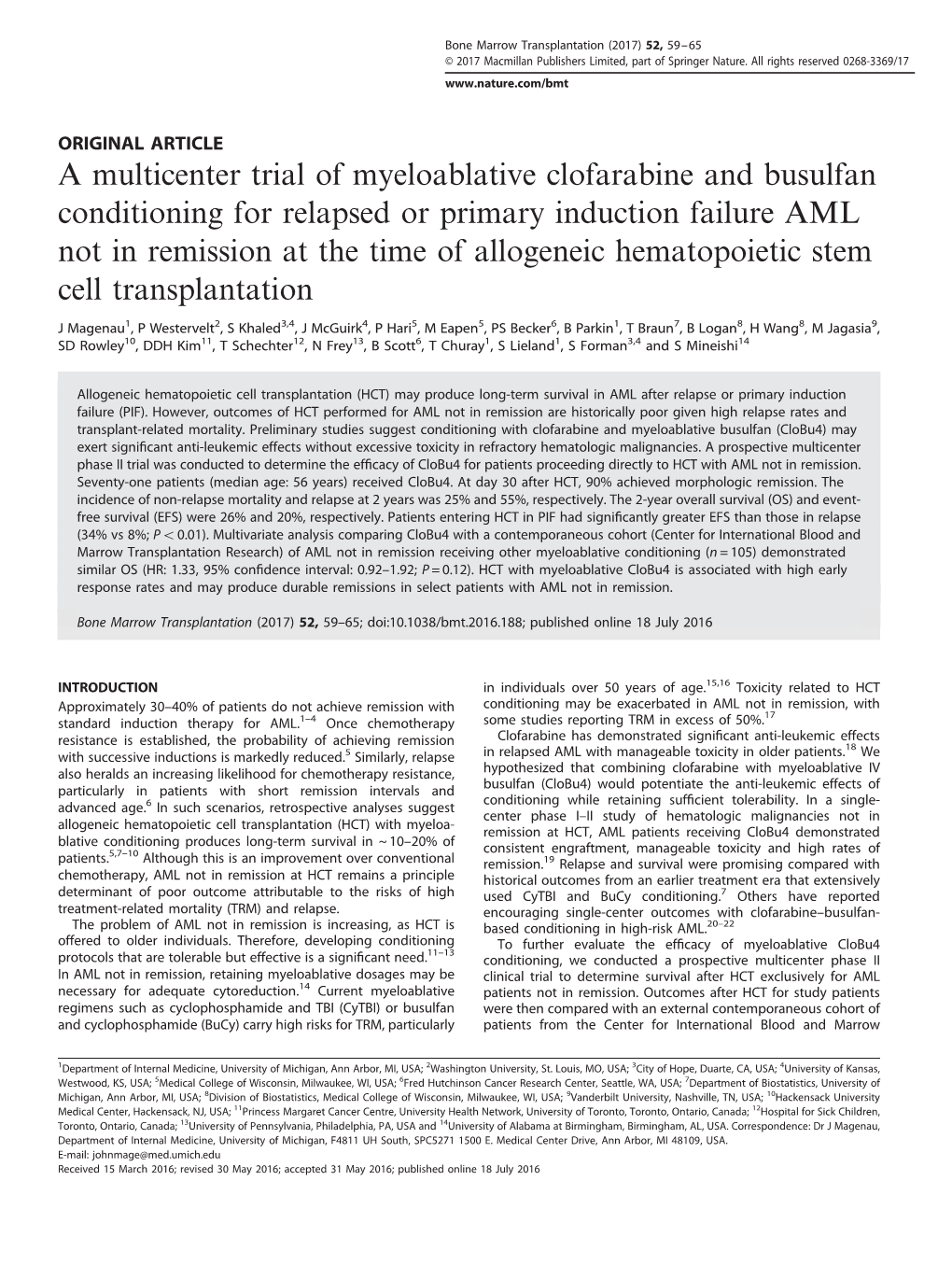 A Multicenter Trial of Myeloablative Clofarabine and Busulfan