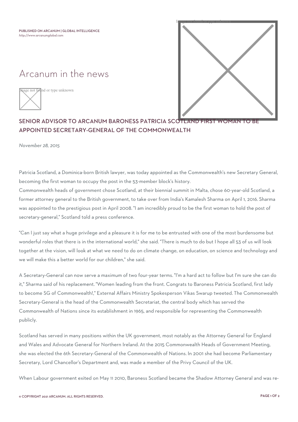 Senior Advisor to Arcanum Baroness Patricia Scotland First Woman to Be Appointed Secretary-General of the Commonwealth