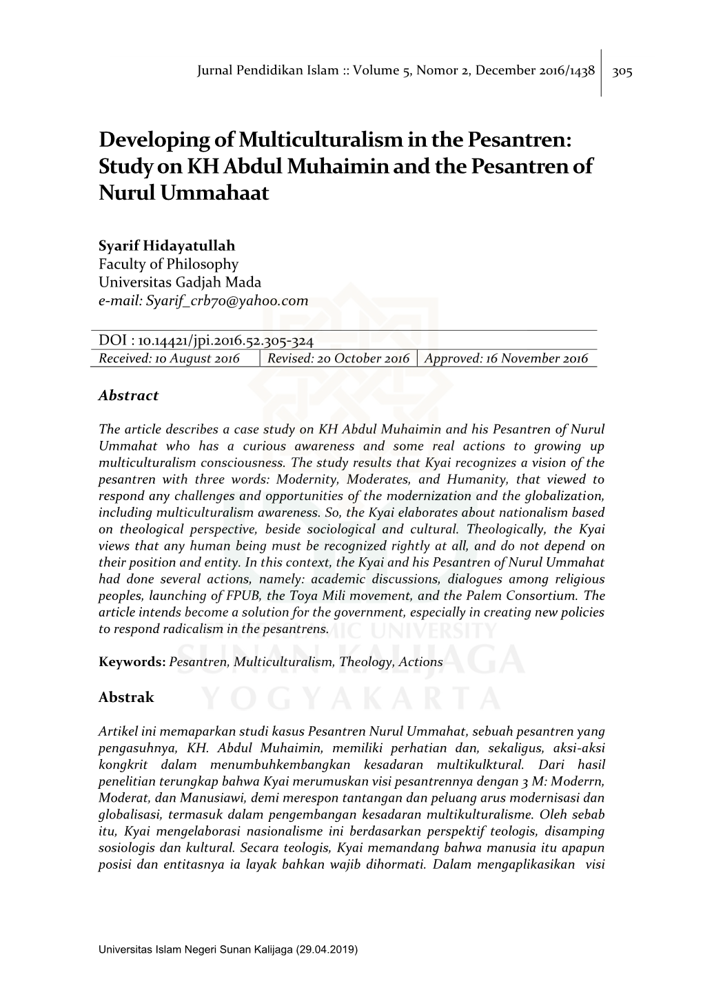 Developing of Multiculturalism in the Pesantren: Study on KH Abdul Muhaimin and the Pesantren of Nurul Ummahaat