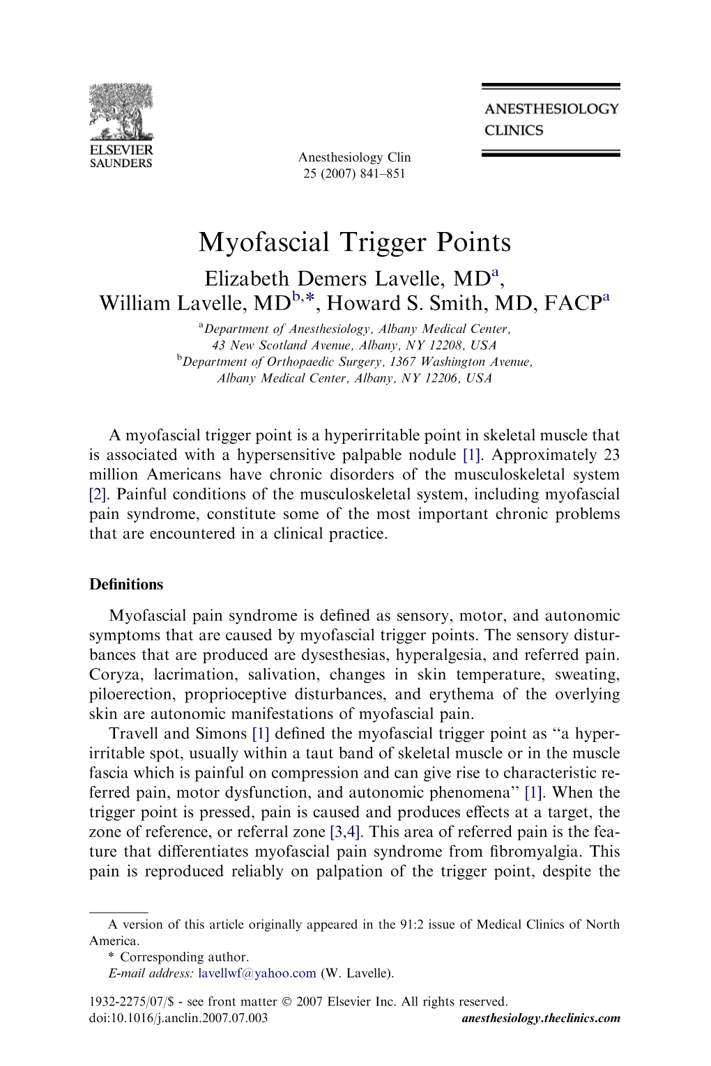 Myofascial Trigger Points Elizabeth Demers Lavelle, Mda, William Lavelle, Mdb,*, Howard S