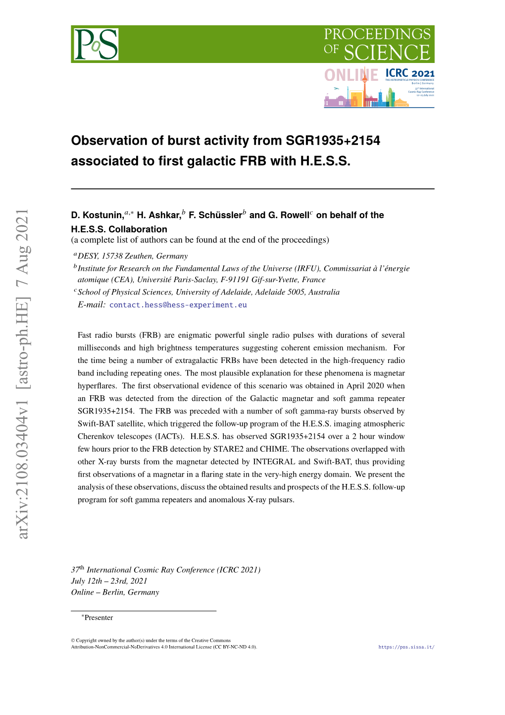 Observation of Burst Activity from SGR1935+ 2154 Associated to First