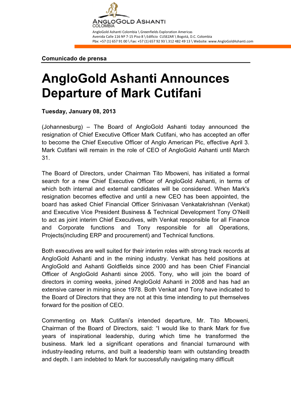 Anglogold Ashanti Announces Departure of Mark Cutifani