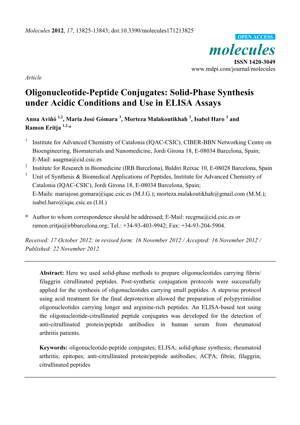 Oligonucleotide-Peptide Conjugates: Solid-Phase Synthesis Under Acidic Conditions and Use in ELISA Assays