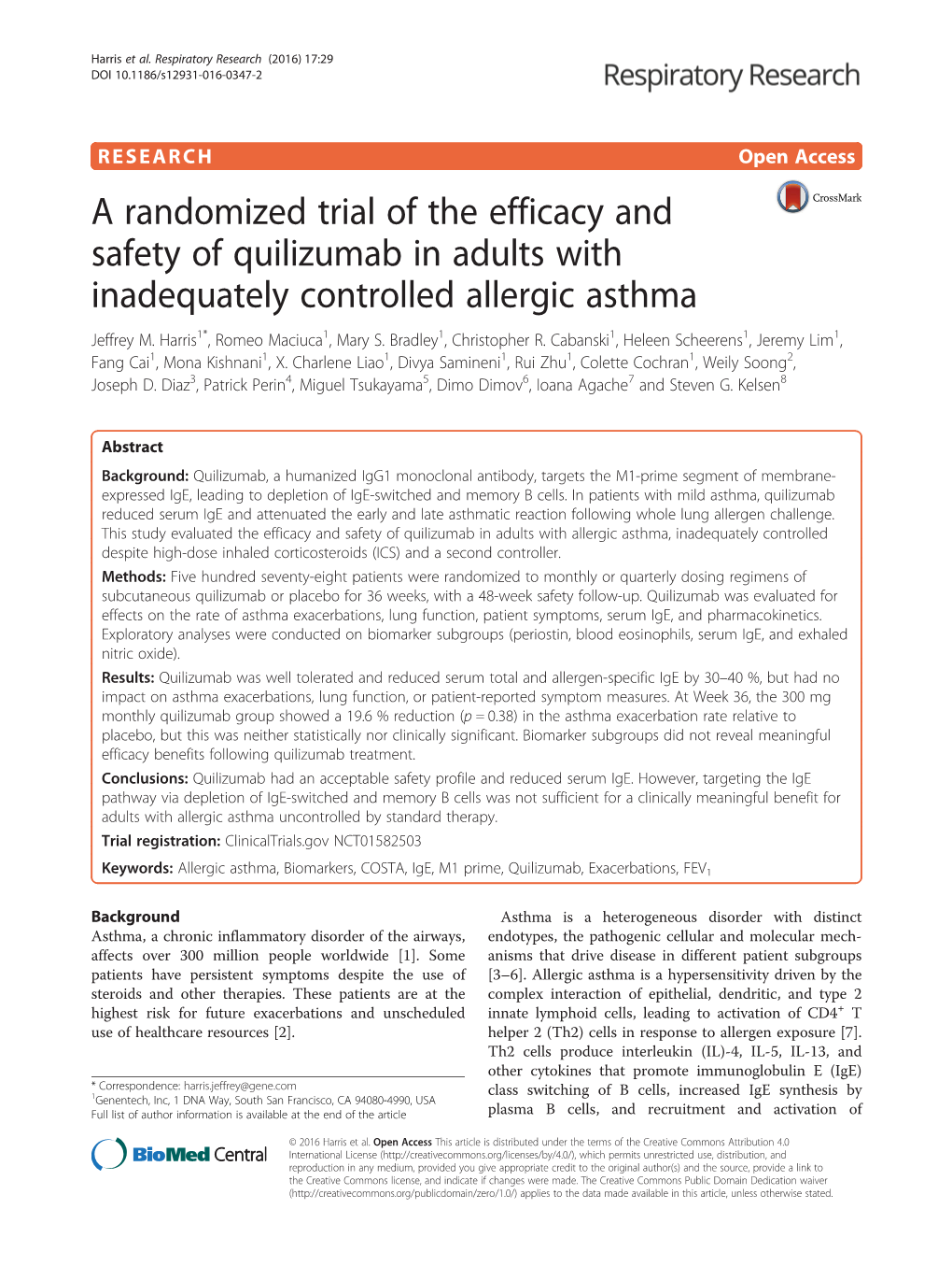 A Randomized Trial of the Efficacy and Safety of Quilizumab in Adults with Inadequately Controlled Allergic Asthma Jeffrey M