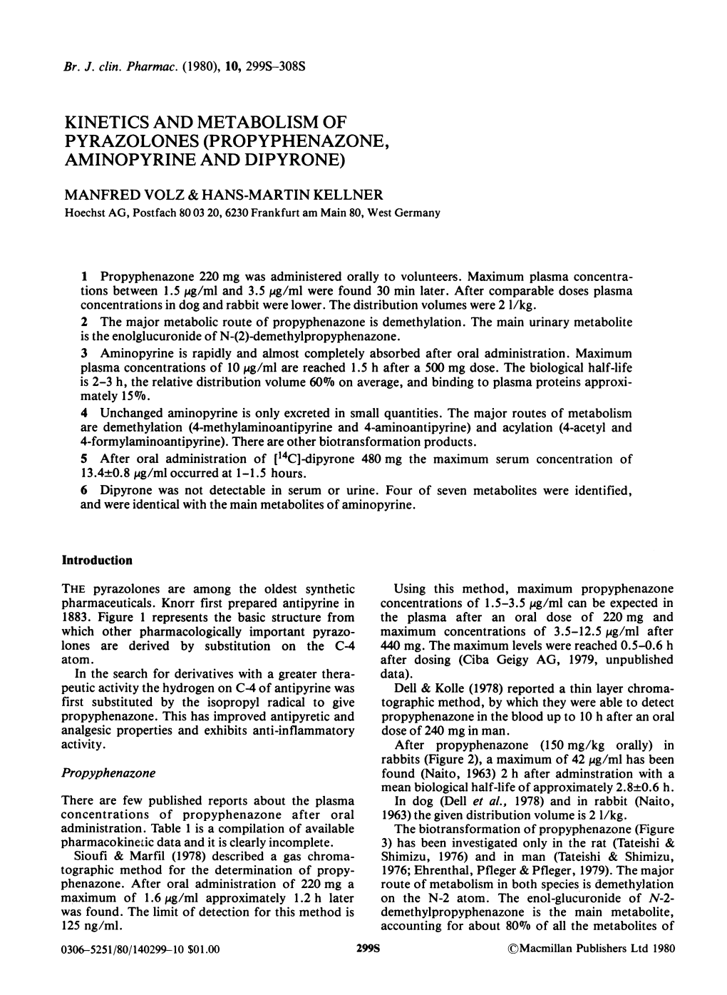 Kinetics and Metabolism of Pyrazolones (Propyphenazone, Aminopyrine and Dipyrone)