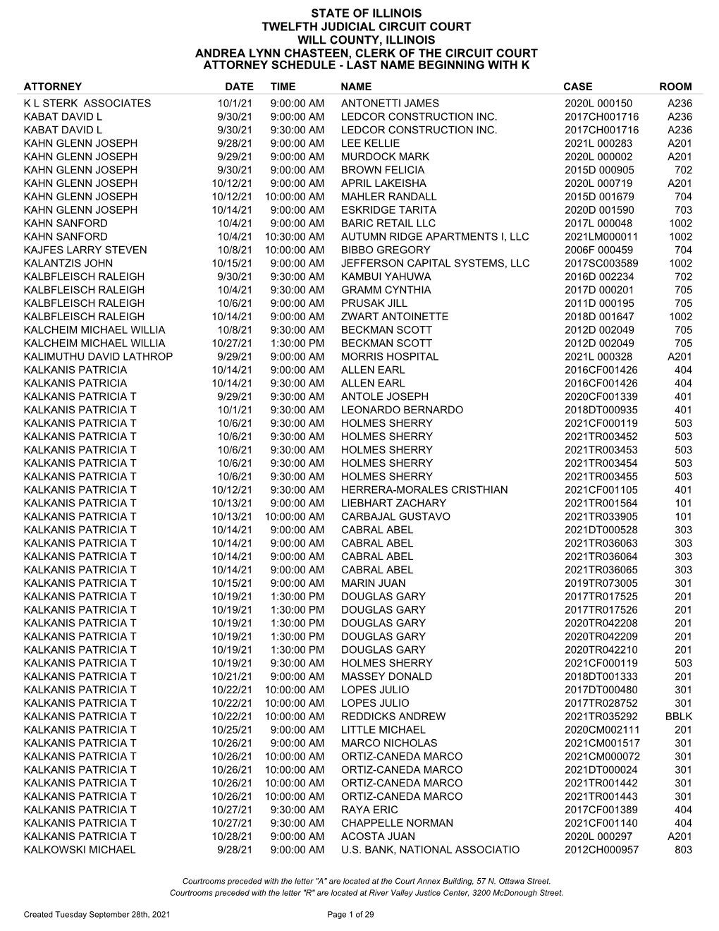 State of Illinois Twelfth Judicial Circuit Court Will County, Illinois Andrea Lynn Chasteen, Clerk of the Circuit Court Attorney Schedule - Last Name Beginning with K