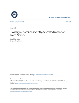 Ecological Notes on Recently Described Myriapods from Nevada Dorald M