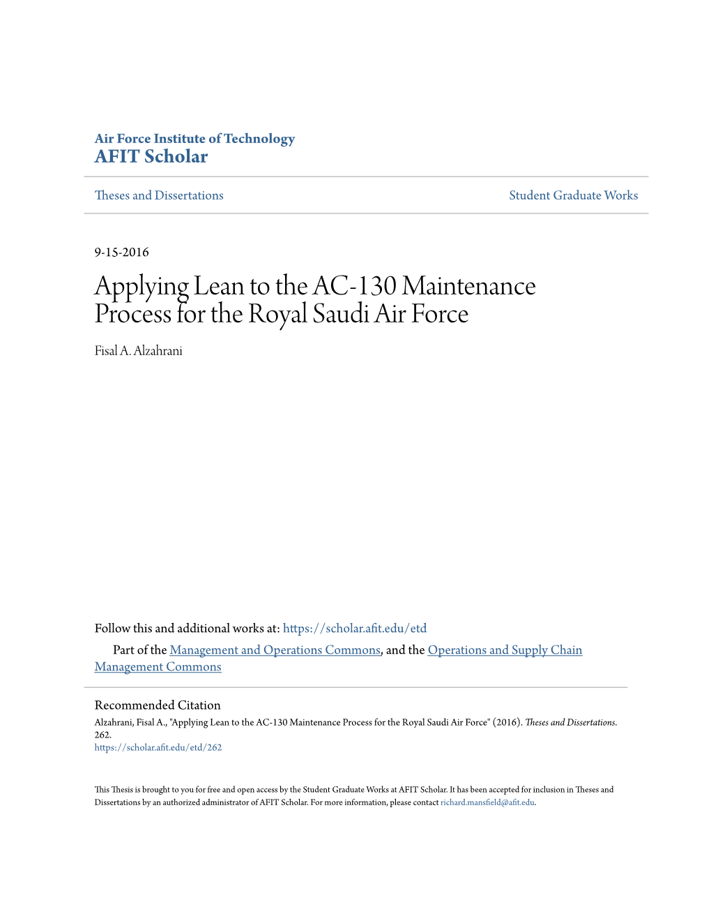 Applying Lean to the AC-130 Maintenance Process for the Royal Saudi Air Force Fisal A