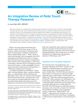 An Integrative Review of Reiki Touch Therapy Research