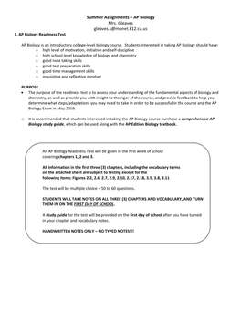 Summer Assignments – AP Biology Mrs