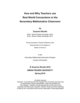 How and Why Teachers Use Real World Connections in the Secondary Mathematics Classroom