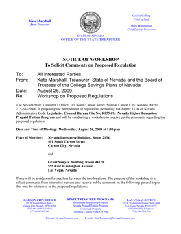 NOTICE of WORKSHOP to Solicit Comments on Proposed Regulation