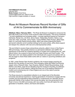 Rose Art Museum Receives Record Number of Gifts of Art to Commemorate Its 60Th Anniversary