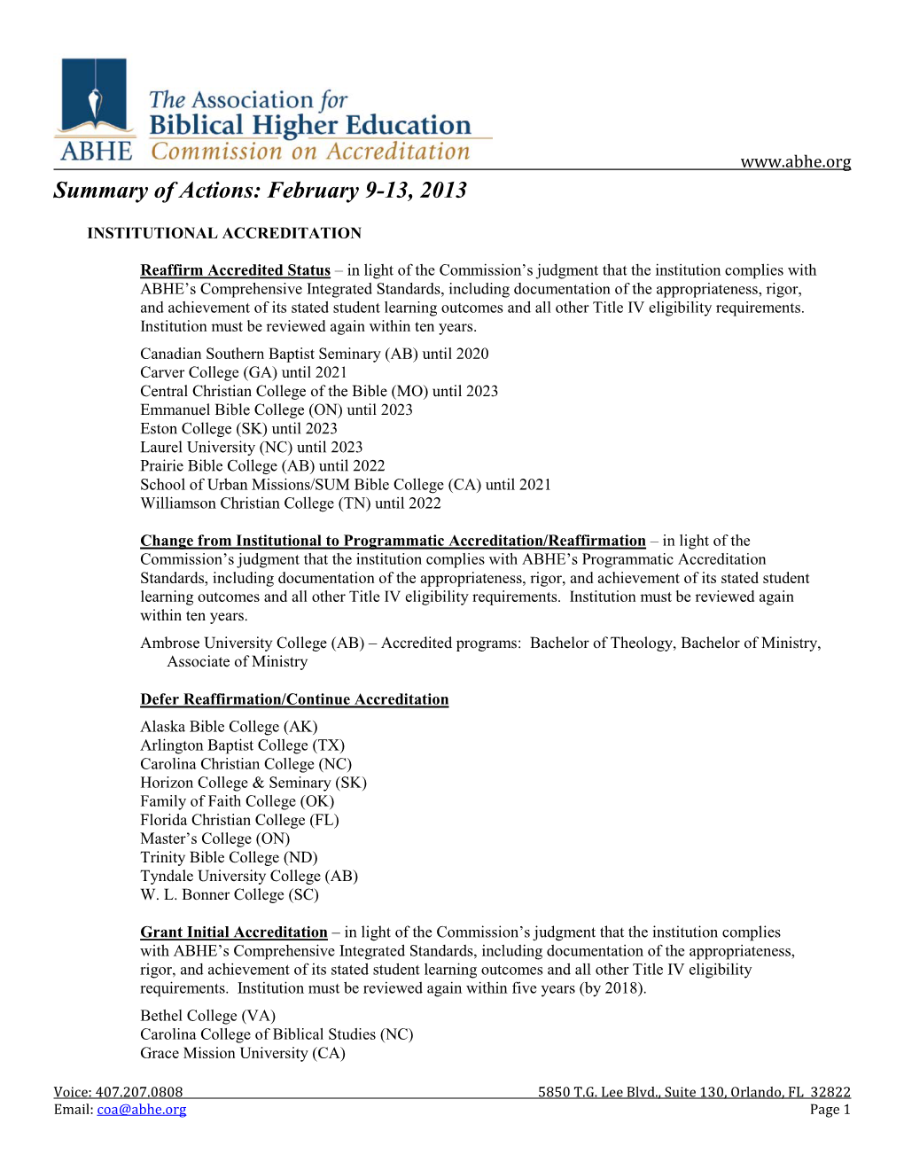 Summary of Actions: February 9-13, 2013