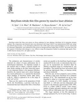 Beryllium Nitride Thin Film Grown by Reactive Laser Ablation G