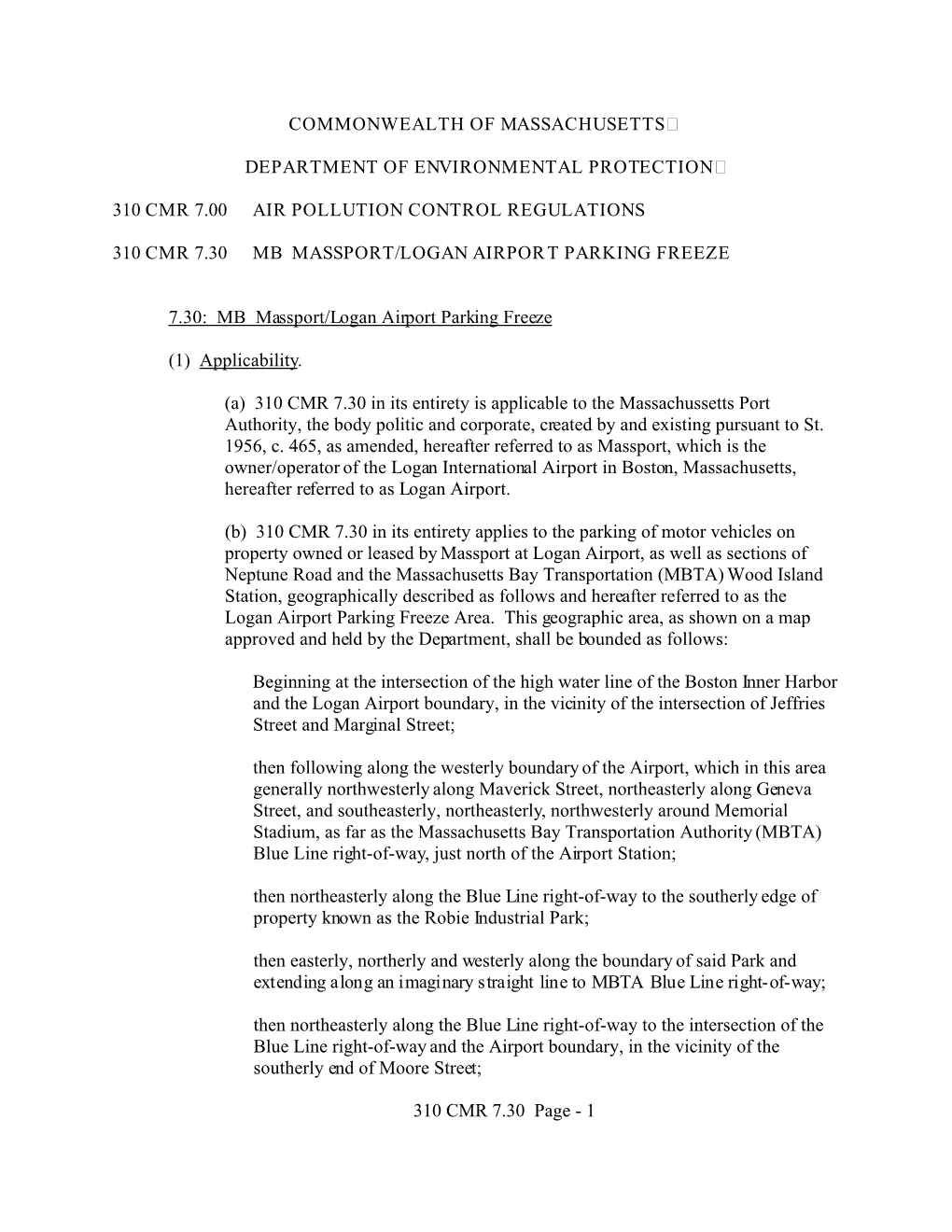 310 Cmr 7.30 Mb Massport/Logan Airport Parking Freeze