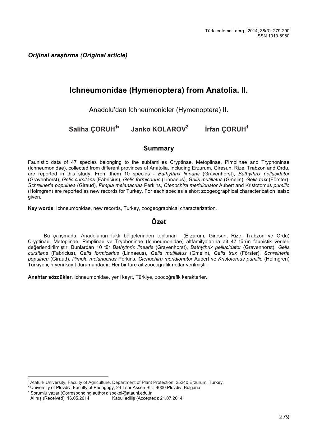 Ichneumonidae (Hymenoptera) from Anatolia