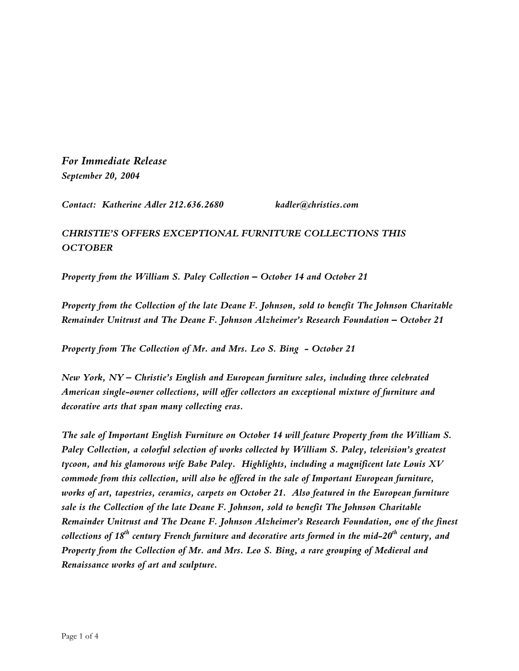 For Immediate Release September 20, 2004