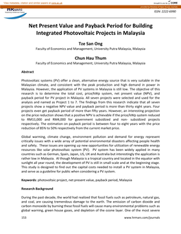 Net Present Value and Payback Period for Building Integrated Photovoltaic Projects in Malaysia