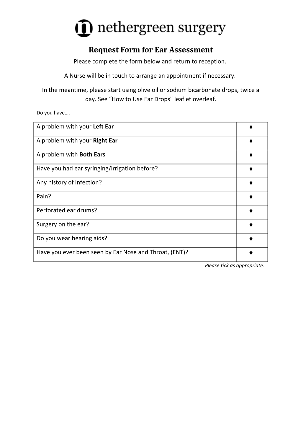 Request Form for Ear Assessment Please Complete the Form Below and Return to Reception