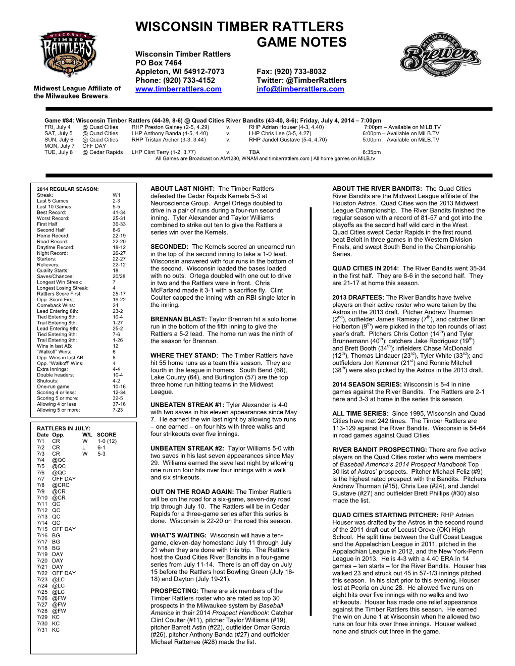 Wisconsin Timber Rattlers Game Notes