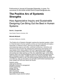 The Positive Arc of Systemic Strengths How Appreciative Inquiry and Sustainable Designing Can Bring out the Best in Human Systems