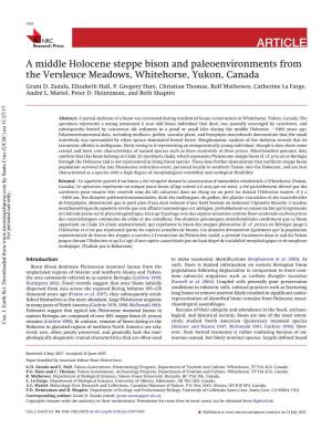 A Middle Holocene Steppe Bison and Paleoenvironments from the Versleuce Meadows, Whitehorse, Yukon, Canada Grant D