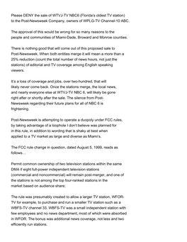 Please DENY the Sale of WTVJ-TV NBC6 (Florida's Oldest TV Station) to the Post-Newsweek Company, Owners of WPLG-TV Channel-10