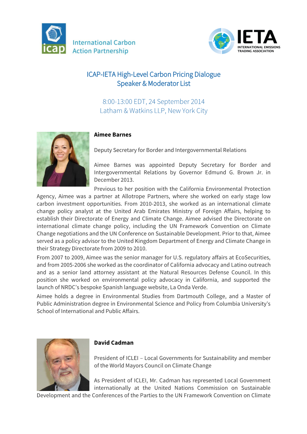 ICAP-IETA High-Level Carbon Pricing Dialogue Speaker & Moderator List