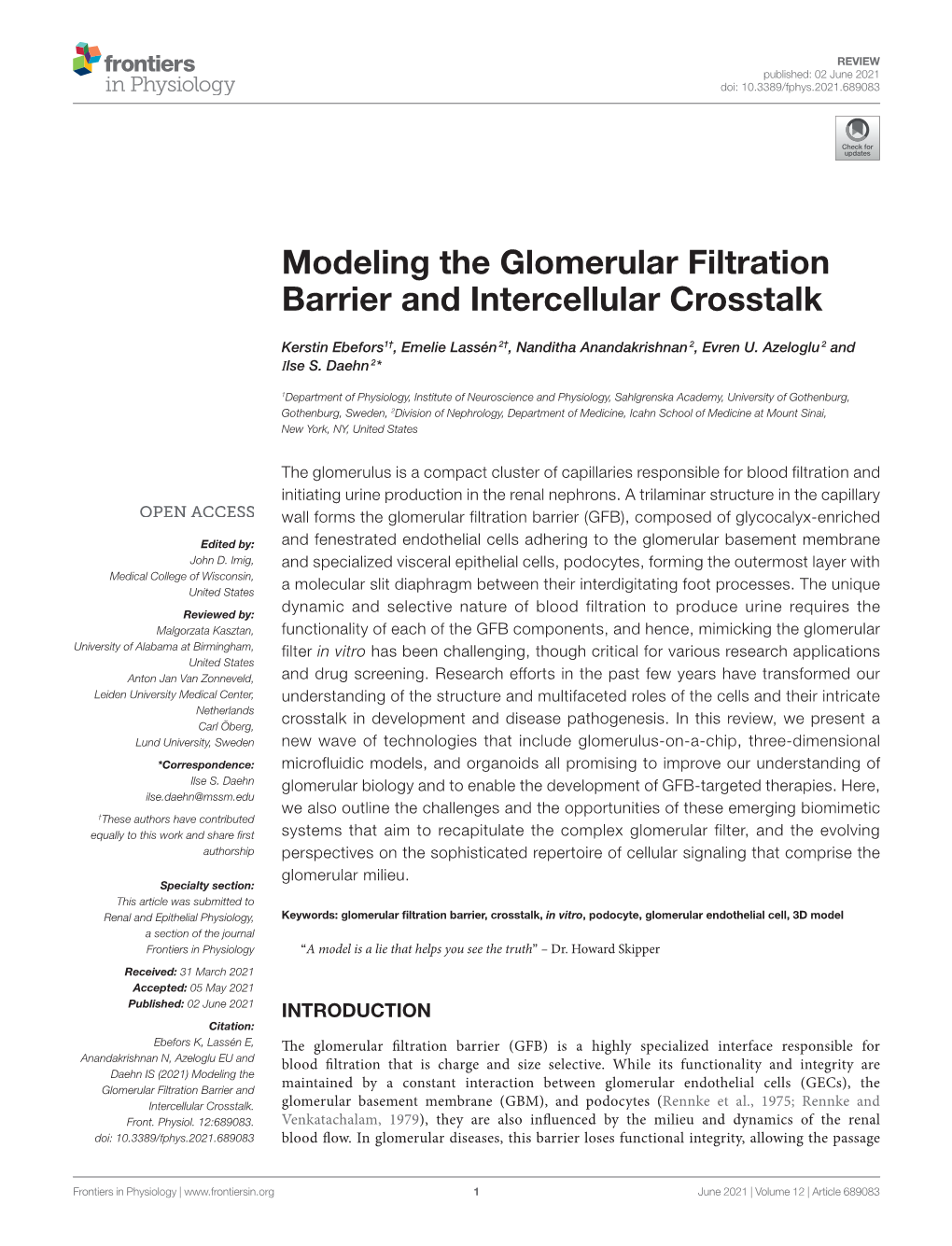 Modeling the Glomerular Filtration Barrier and Intercellular Crosstalk