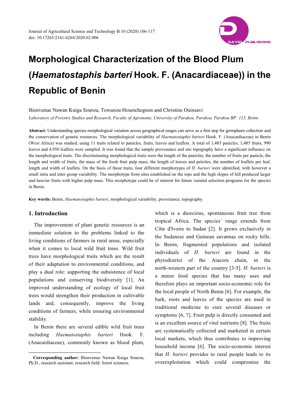 Morphological Characterization of the Blood Plum (Haematostaphis Barteri Hook
