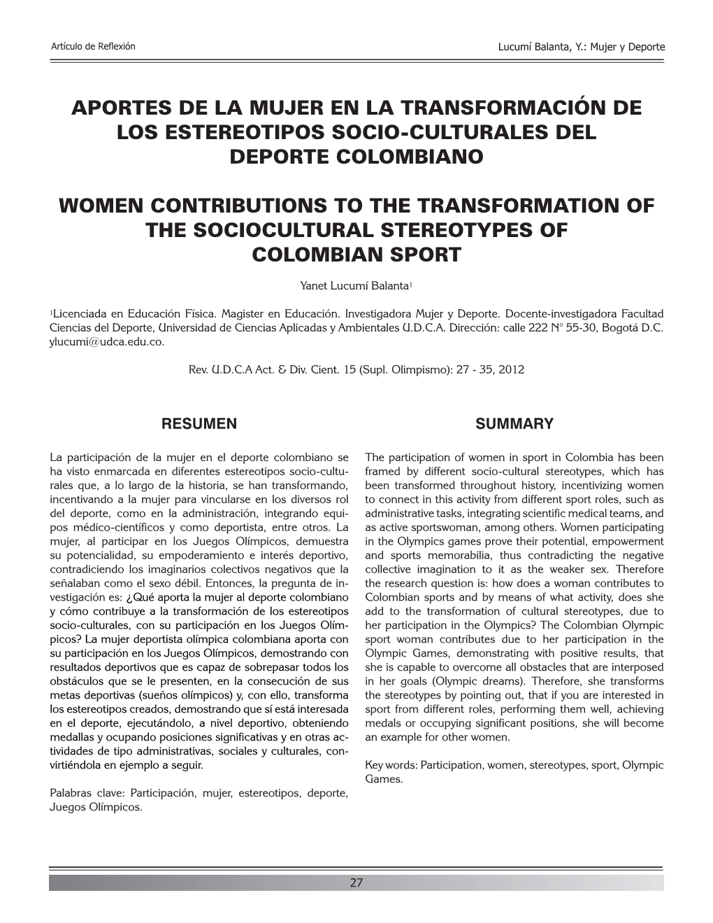 Aportes De La Mujer En La Transformación De Los Estereotipos Socio-Culturales Del Deporte Colombiano