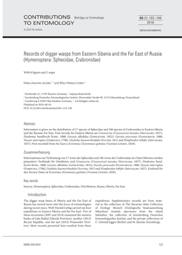 Records of Digger Wasps from Eastern Siberia and the Far East of Russia (Hymenoptera: Sphecidae, Crabronidae)