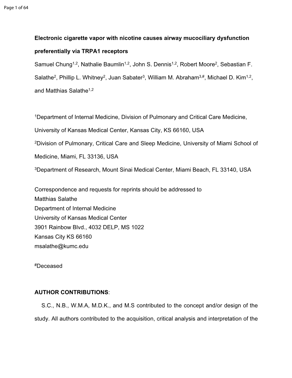 Electronic Cigarette Vapor with Nicotine Causes Airway Mucociliary Dysfunction