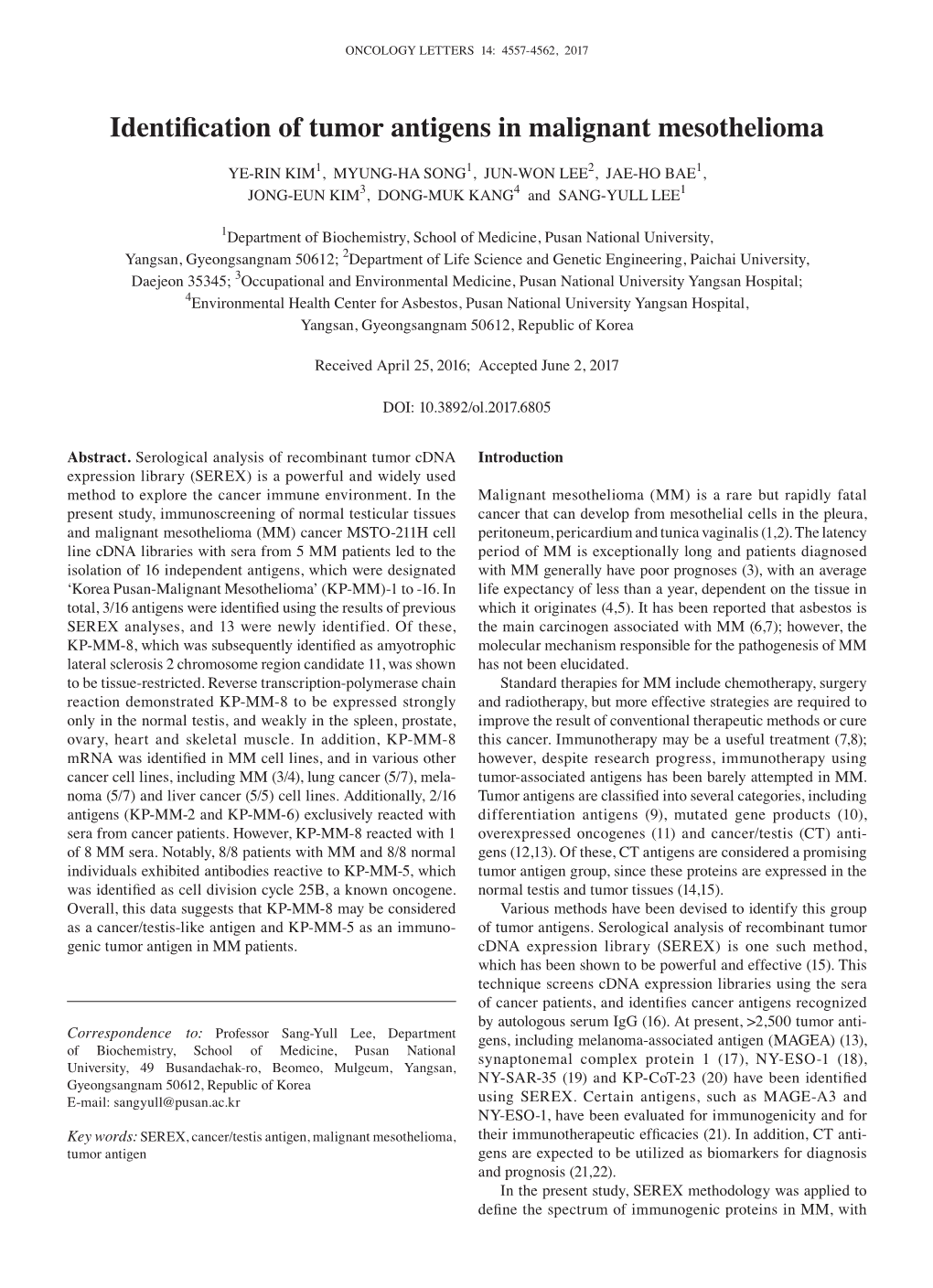 Identification of Tumor Antigens in Malignant Mesothelioma