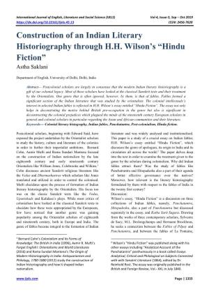 Construction of an Indian Literary Historiography Through HH Wilson's