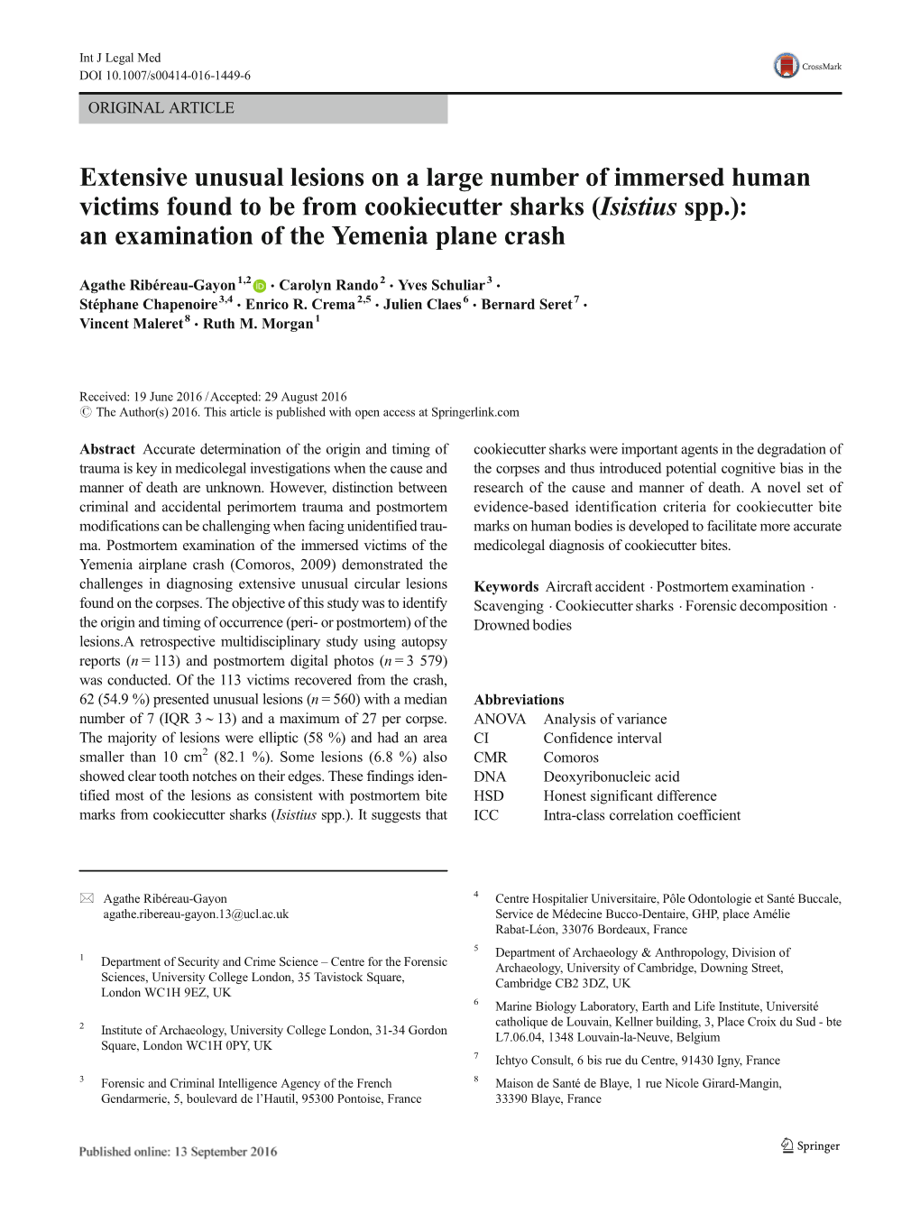 Extensive Unusual Lesions on a Large Number of Immersed Human Victims Found to Be from Cookiecutter Sharks (Isistius Spp.): an Examination of the Yemenia Plane Crash