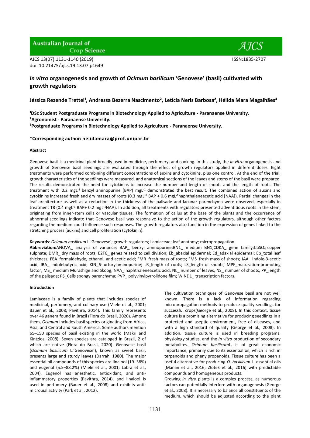 In Vitro Organogenesis and Growth of Ocimum Basilicum 'Genovese