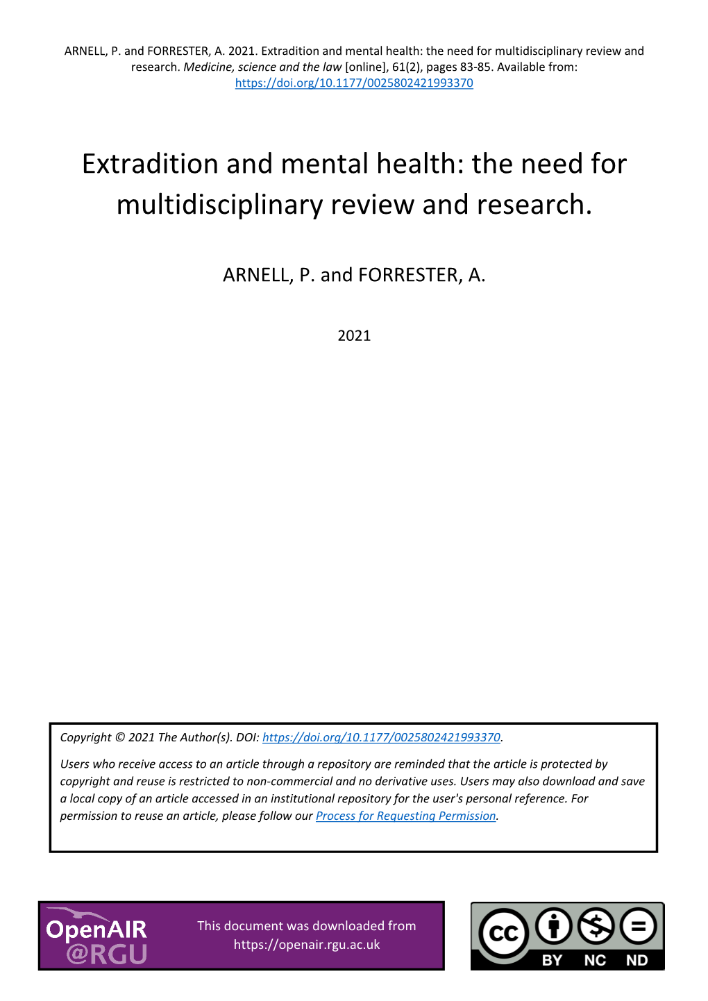 Extradition and Mental Health: the Need for Multidisciplinary Review and Research