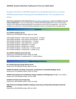 ASHRAE Student Member Publication Price List 2020-2021